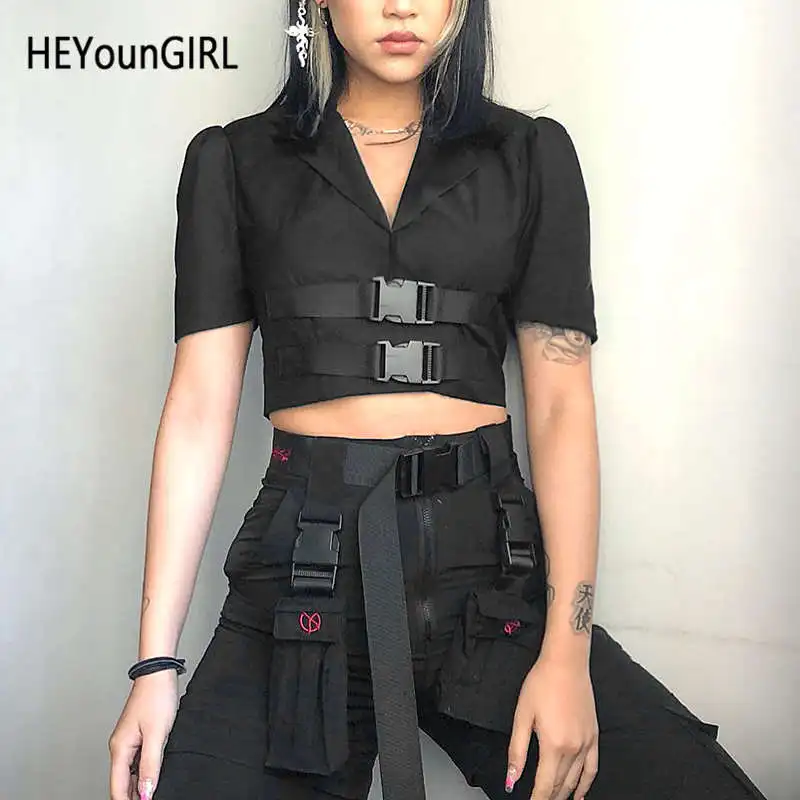 УКОРОЧЕННЫЙ ТОП HEYounGIRL в стиле Харадзюку черная футболка Корейская панк с