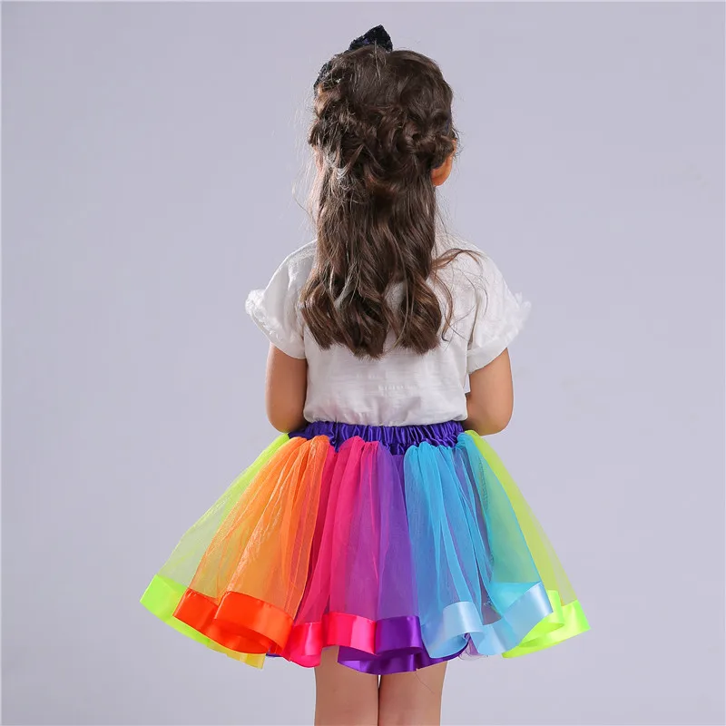 Ins Style 3-8 Years Old Girls Rainbow Tutu Skirts For Children Birthday Princess Mini Pettiskirt Party Dance Bowknot Mesh Skirt