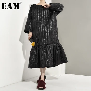 

[EAM] 2020 New Spring Autumn Round Neck Long Sleeve Black Loose Big Size Long Cotton-padded Coat Women Parkas Fashion JY903