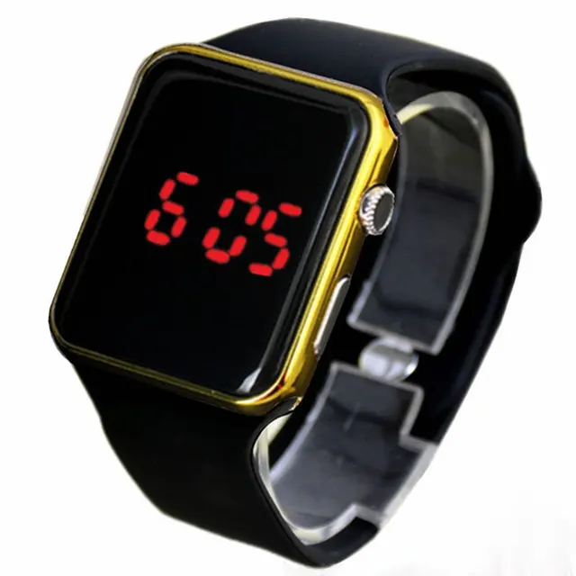 Square Mirror Face Silicone Band Digital Watches Red LED Watch Metal