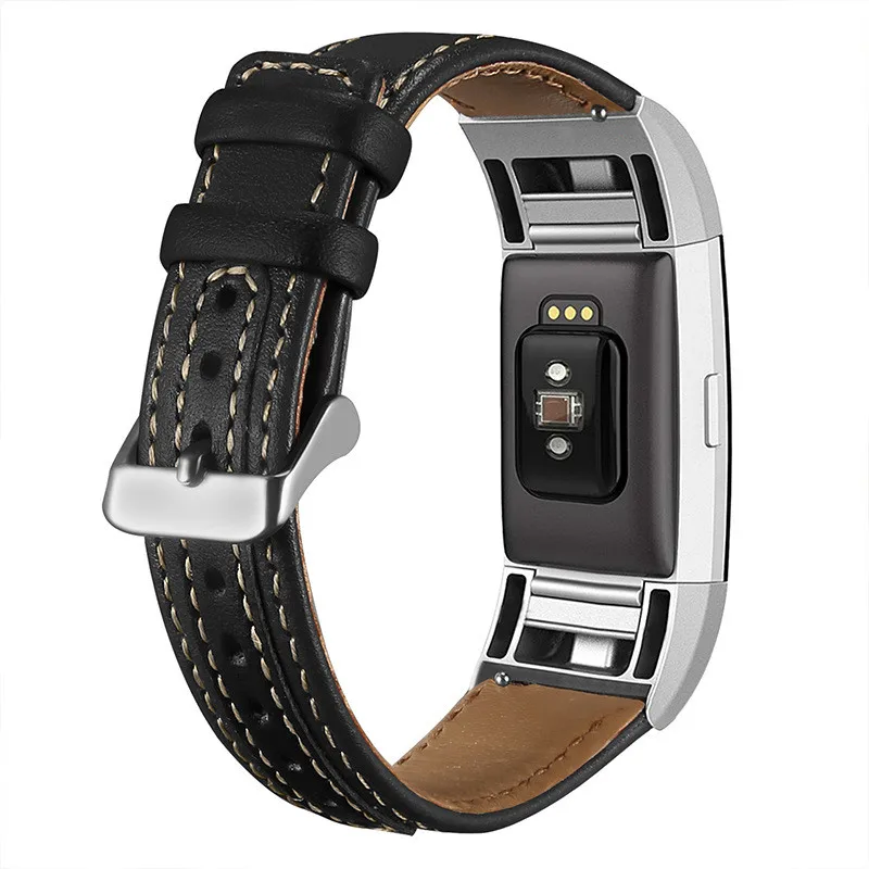 Replacement Bands Splicing Two-tone Genuine Leather for Fitbit Charge 2 Wristband Metal Connectors Fitness Strap Women Men Small Large 5 (8)