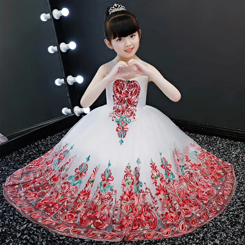 

2018 winter girls fancy embroidry floral maxi dresses kids formal princess long dress children birthday party prom dresses