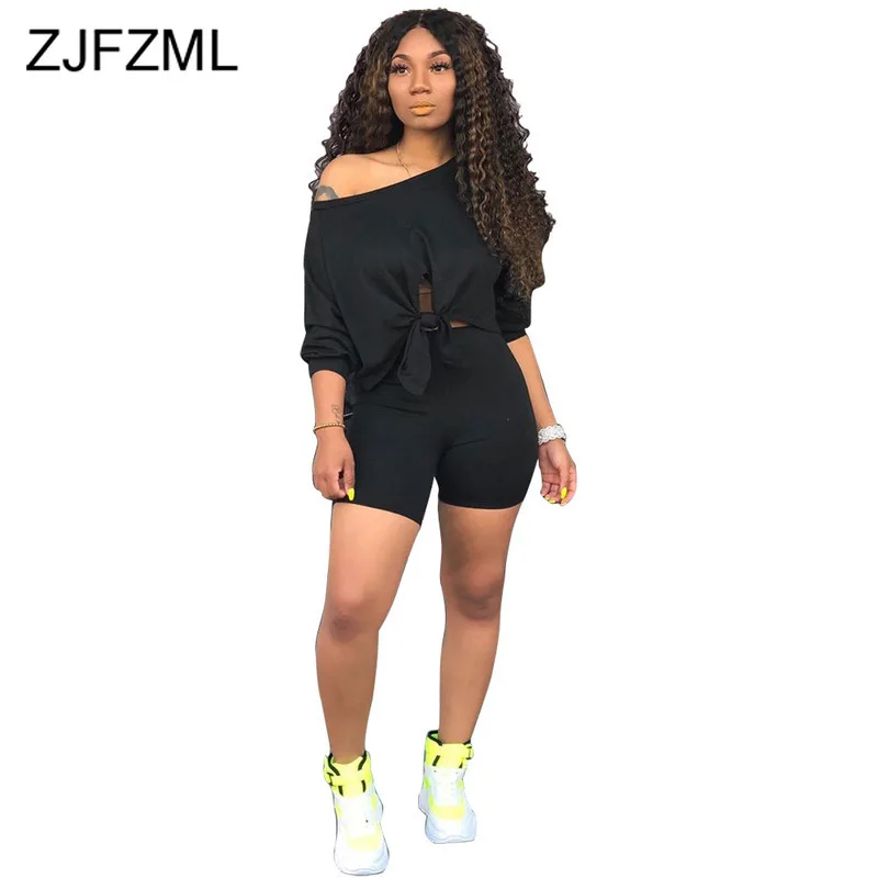 

Plus Size Casual Two Piece Set Summer Club Outfit Women One Shoulder Half Sleeve Crop Top +Biker Short 2 Pcs Sweatsuit Tracksuit
