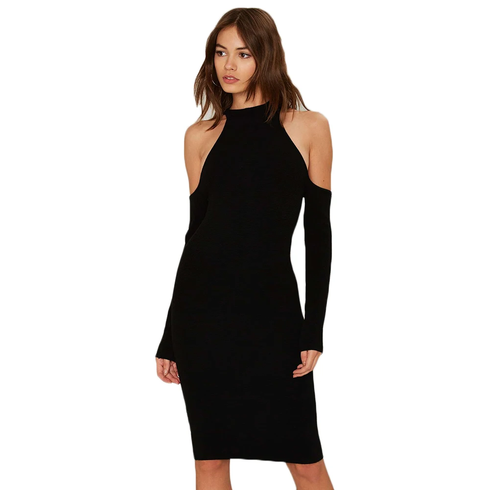 Autumn Women Casual Halter Neck Back Zip Up Dress Off Shoulder Hollow