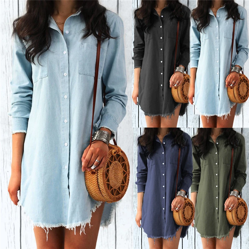 

Fashion Autumn Women Dress Lady Long Sleeve Denim Shirt Dress Casual Turn-down Collar Women Dresses Tassels Loose Party Clothes