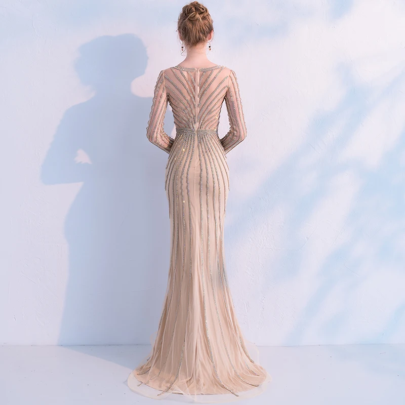 CEEWHY Robe Soiree Дубай роскошное вечернее платье с длинным рукавом бисером вечернее платье «русалка» Формальное длинное платье Vestidos Largos