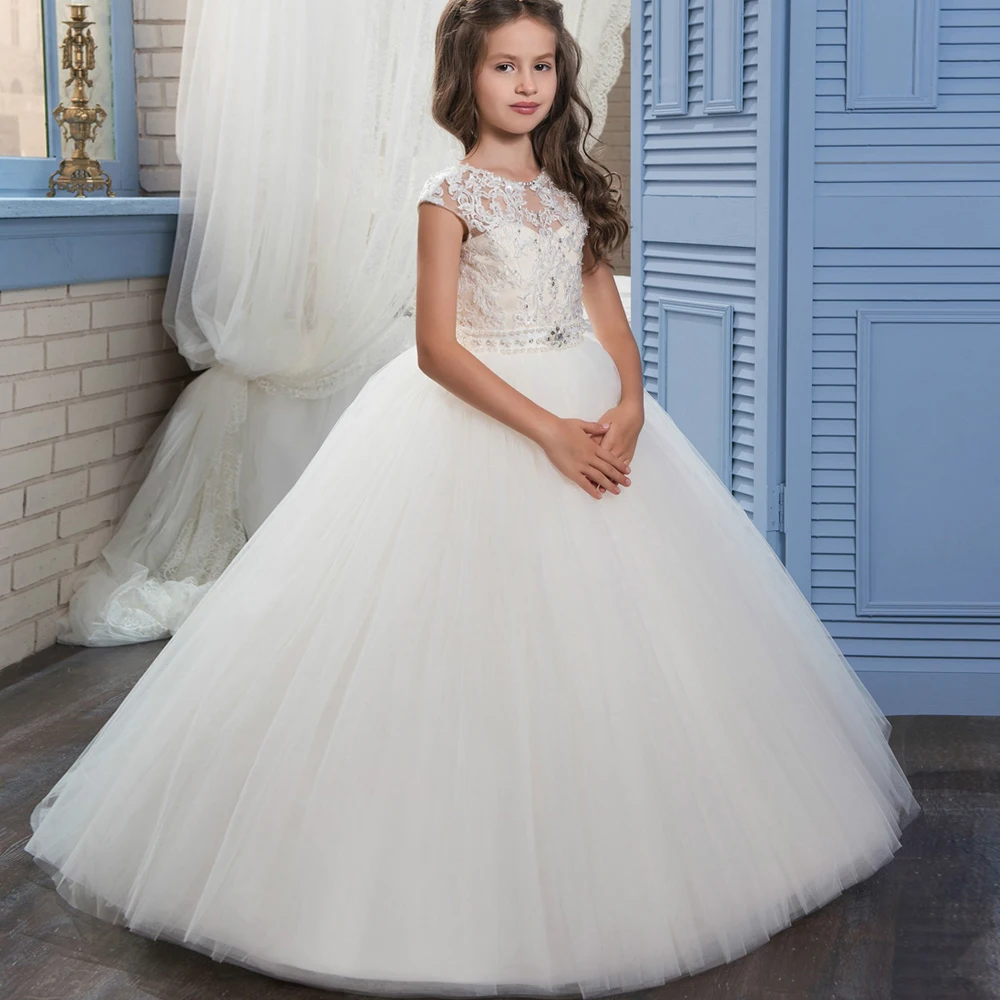 Elegant Lace First Communion Dresses for Girls Beaded Sash Tulle Puffy ...