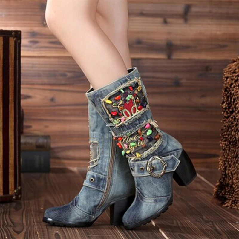 2014 American designer shoes high-heeled boots in the autumn and winter Beaded women’s boots with thick Jean Ma Dingxue