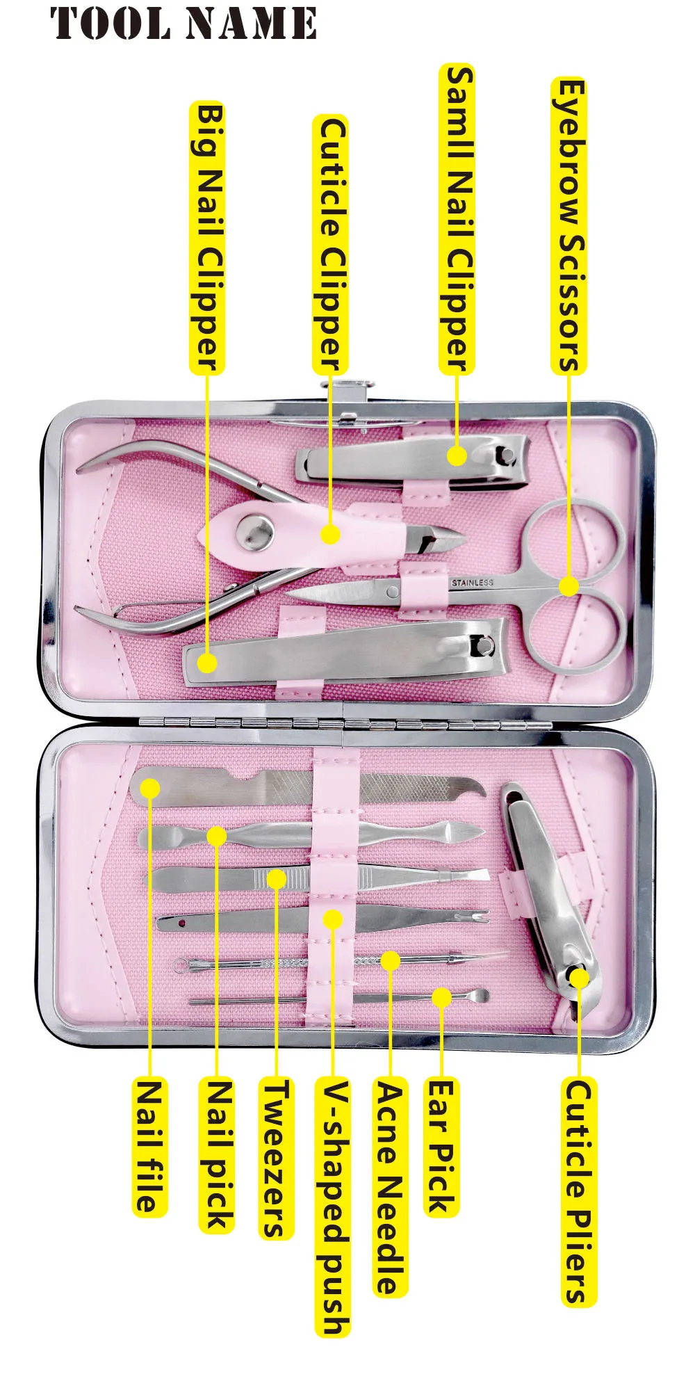 11 шт. в 1 Набор инструментов для маникюра, розовый чехол для педикюра из нержавеющей стали, машинка для стрижки ногтей, набор для триммера, многофункциональные инструменты