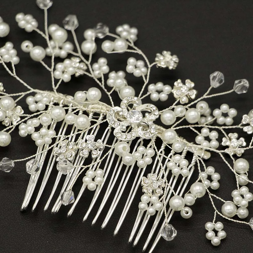 Wedding Bridal Floral Hairpin Crystal Pearl Bead Flower Hair Comb Clip