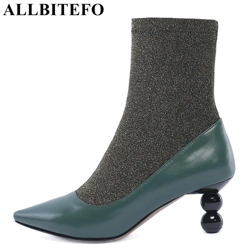 

ALLBITEFO size:33-43 genuine leather+Stretch fabrics women boots fashion brand high heels ankle boots women botas femininas