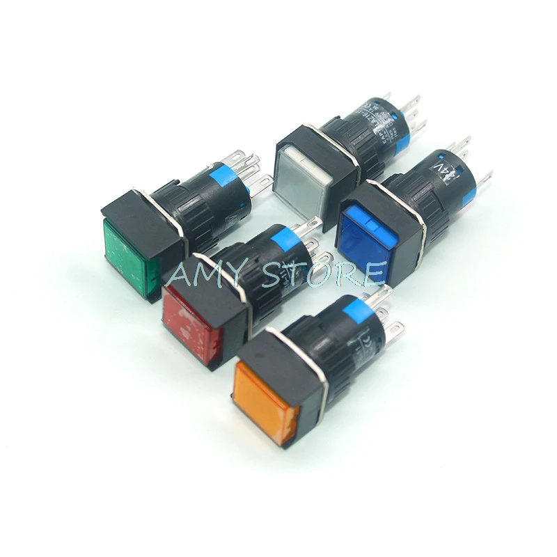 5pcs 16mm 5Pin Push Button Self-Lock Latching Switch Square LED Lamp Light DC 6V 12V 24V AC220V YELLOW WHITE GREEN WHITE BLUE