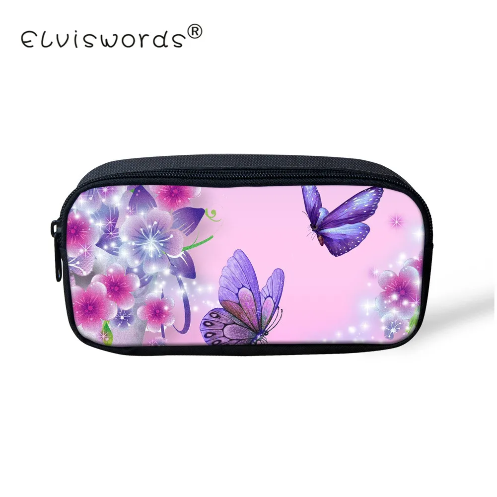 

ELVISWORDS Girls Cosmetic Cases Kids Pencil Holder Butterfly Print Women Make up Holder Pen Box Children School Supplies Cases
