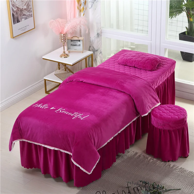 Beauty Salon Bedding Sets Coral Fleece Crystal Velvet Embroidery Bed Skirt Duvet Cover Pillowcase Bedspread High Quality Set#s - Цвет: -LY-04-hongxueq