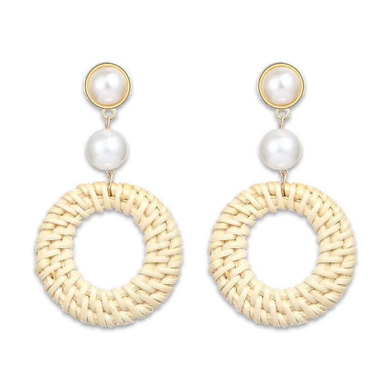

SWEBLE Fashion Bohemian Style Round Straw Woven Dangle Earrings For Women Geometric Exaggerate Round Pendant Statement Jewelry