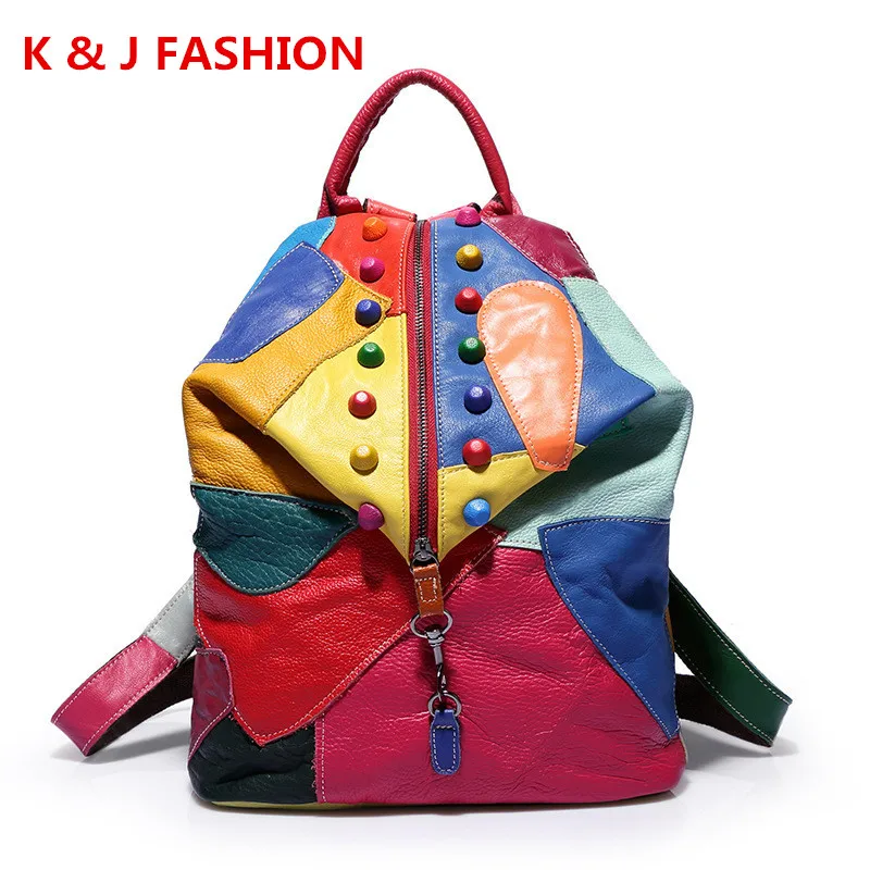 Geinuine Leather font b Women b font font b Backpack b font Patchwork Colourful Design font