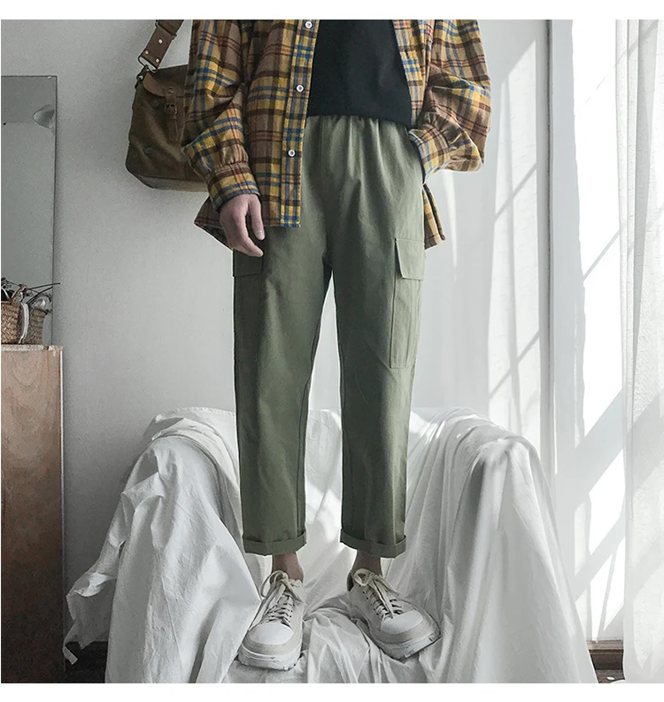 Летние новые корейские мужские модные повседневные свободные одноцветные Брюки с карманами брюки с эластичной резинкой на талии широкие брюки длиной до щиколотки мужские M-2XL