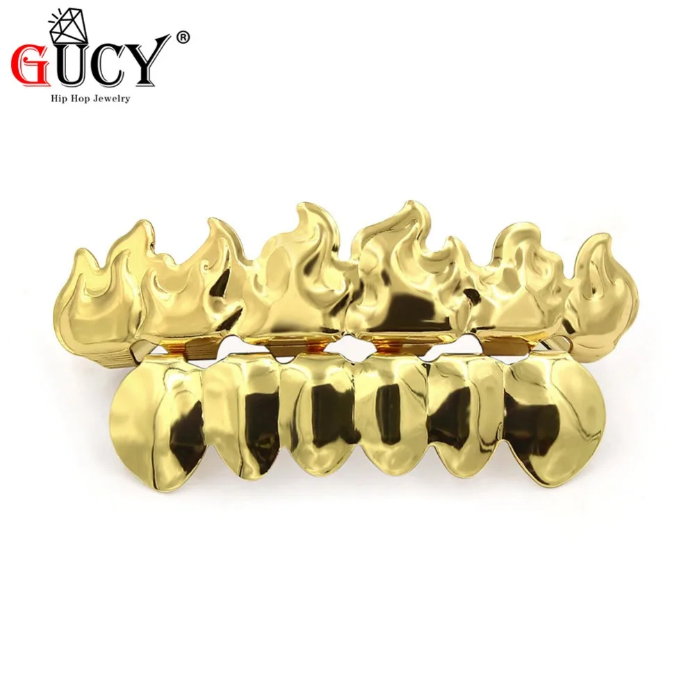 

GUCY Gold Color Plated HIP HOP Teeth Grillz Caps Flame Leaf Top & Bottom Grills Set With Silicone Vampire Teeth Christmas Gift