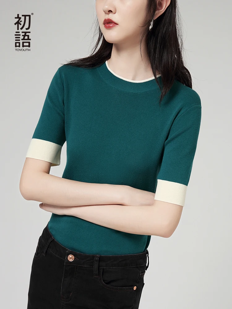 

Toyouth Knitwear Autumn New Women Solid Color Short Sleeve Contrast Color Slim Basic Female Tops