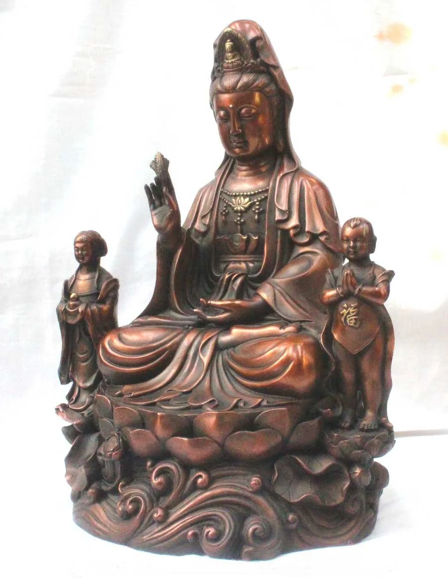 

12.8" Chinese Buddhism Fengshui Pure Bronze Kwan-yin Guan Yin & Tongzi Kids Statue wholesale Retro bronze factory outlets