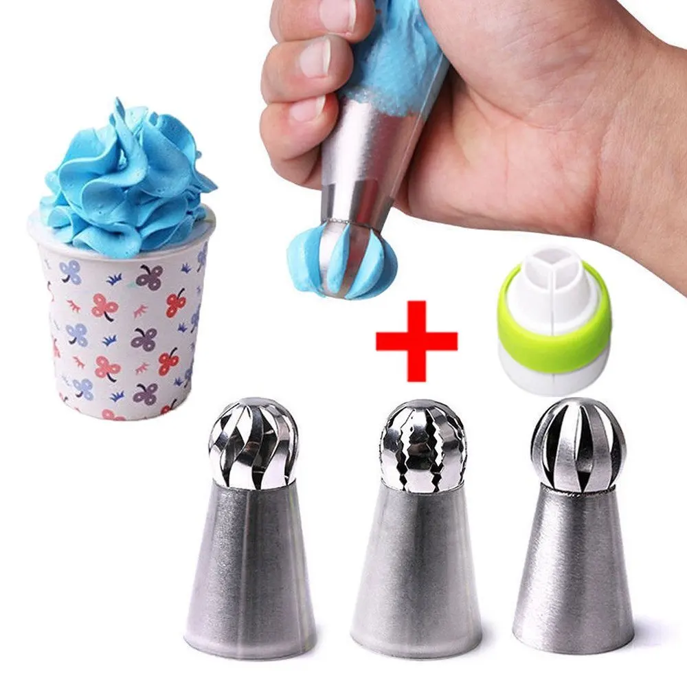 3 Piece Sphere Ball Shape Russian Icing Nozzles Tips Cupcake Decor Kitchen Baking Tool Plus Free Coupler Cake Decorating Tools