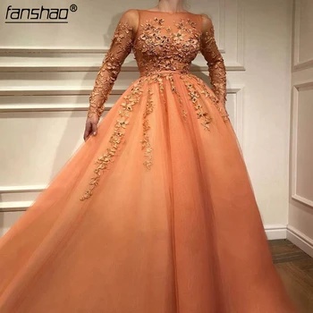 

Islamic Evening Dresses 2019 A-line Long Sleeves Tulle Appliques Beaded Dubai Saudi Arabic Long Elegant Evening Gown