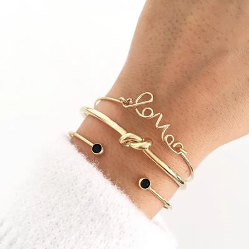 

docona Bohemian Gold Color Letter Knot Opening Bracelet Set for Women Metal Adjustable Bracelets Bangle Set 3pcs /1set 6387