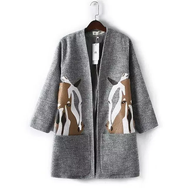 

TZE-80 European style fashion cute pony stamp collar long sleeved coat