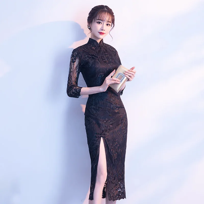 black cheongsam dress