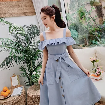 

Dabuwawa Women's Fashion Ruffled High Waist Midi Dress New Summer Elegant Should Strap Dress With Pockets DN1BDR080