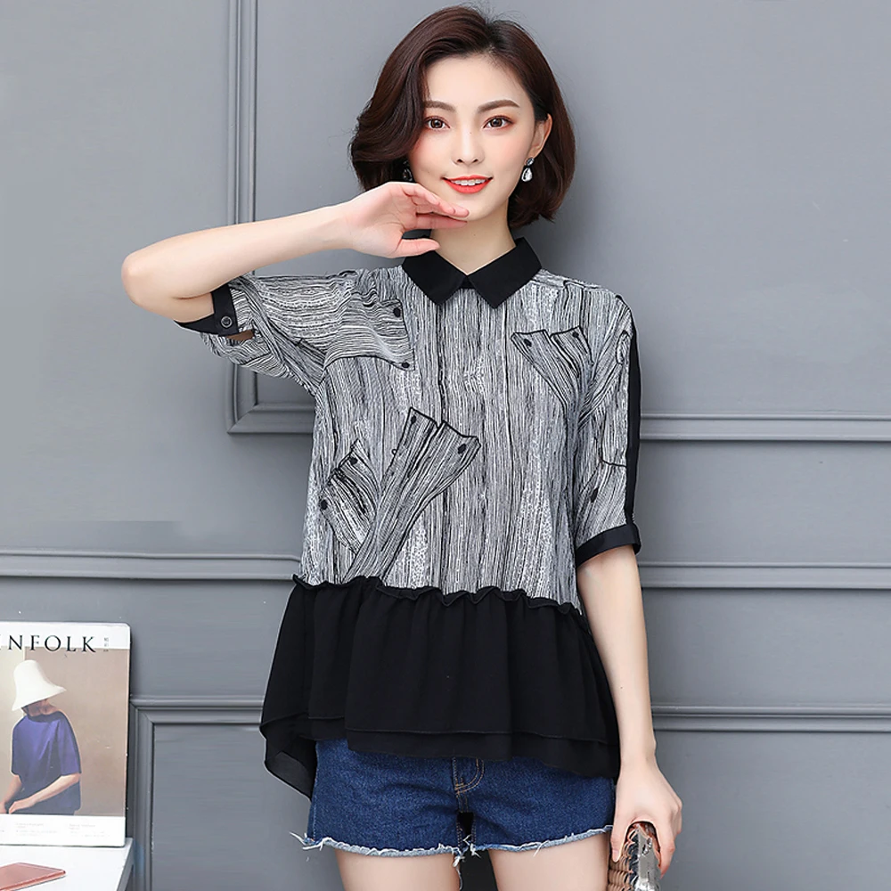 Spring and summer new style L-5XL large size chiffon short sleeve top Chiffon splicing print temperament top