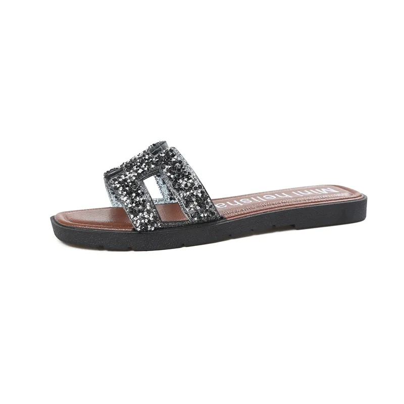 

New Women's Summer Fashion Flat Slippers Rhinestones Type H Belt Sandals and Slippers Wild Lady Sandals Women Shoes