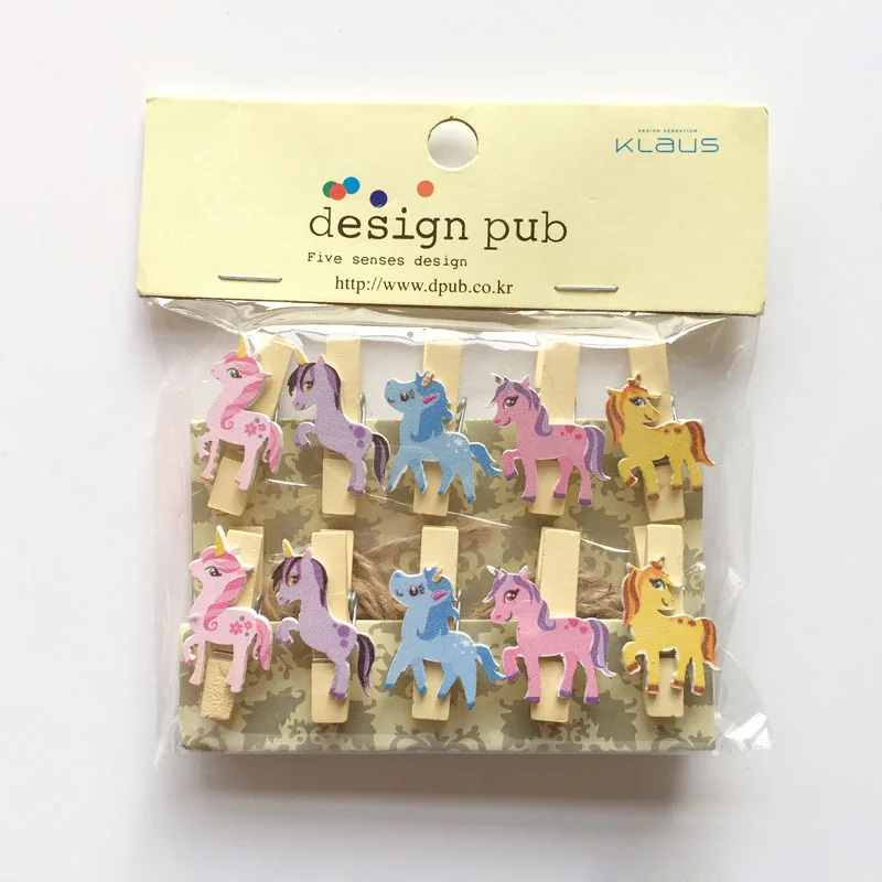 

10 Pcs/Lot Cartoon Unicorn Wooden Clip Photo paper Clothespin Craft Clips Party Decoration Clip with Hemp Rope