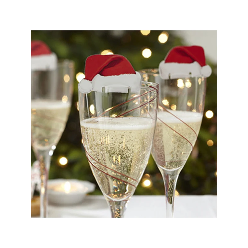 

10Pcs Table Place Cards Merry Christmas Santa Hat Wine Glass Decorations