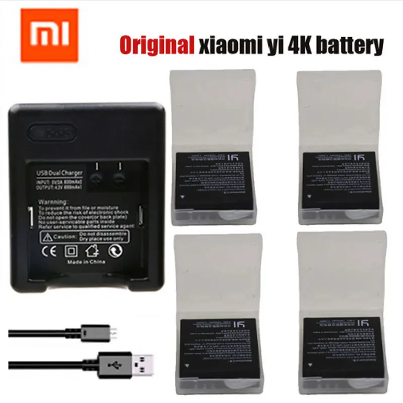 

4x Original Xiaomi Yi 2 4K battery pack +USB Dual Bateria Charger For XiaoYi 2 4K Xiaomi Yi II 4K action camera Accessories