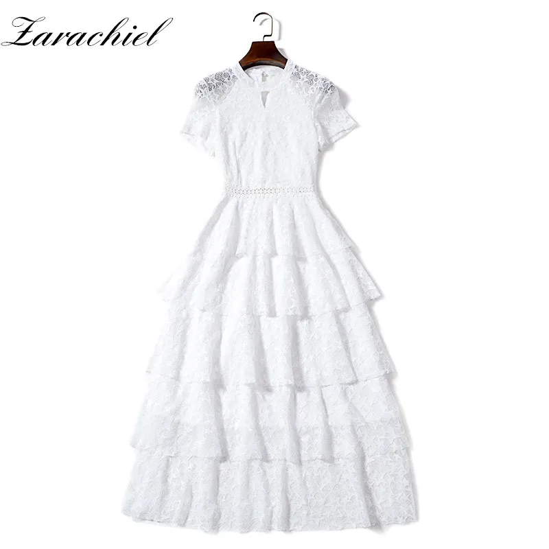 

2019 Summer Star Crochet Lace Dress Women Elegant O-Neck Layers Ruffles Party Midi Ball Gown Dress Casual A-line Puff Cake Dress