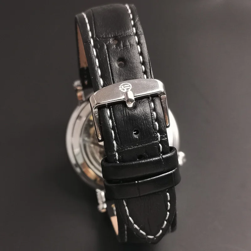 Прозрачный чехол черные кожаные мужские часы на ремне Топ бренд Автоматический Скелет циферблат FORSINING наручные часы для мужчин и женщин
