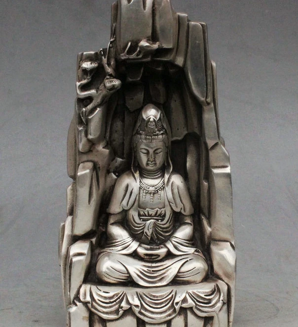 

8" Chinese Buddhism Fane Silver Guanyin Kwan-yin Goddess Buddha In Stone Statue