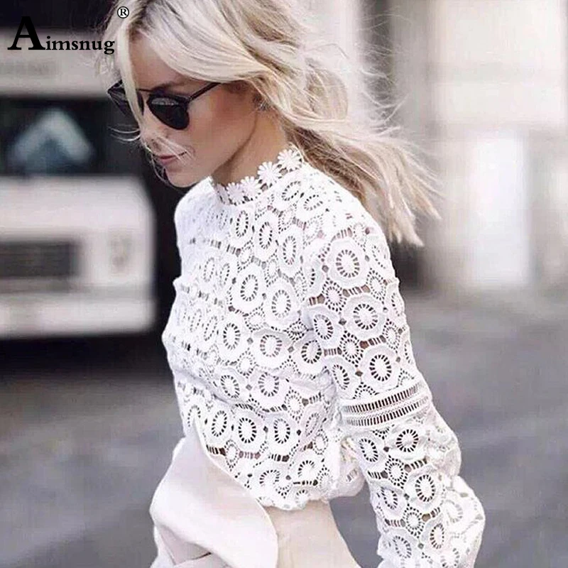 

Elegant Lace Blouse Sexy Hollow Out Solid Color Feminine Blouse White Splice Women Shirt Long Lantern Sleeve Summer Female Tops
