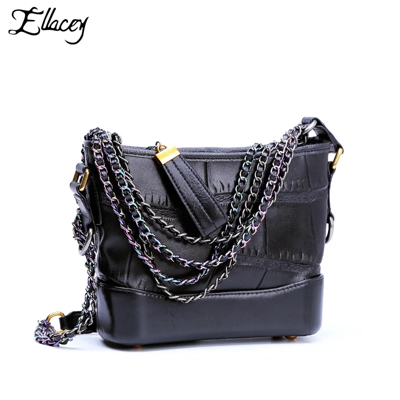 

Ellacey 2018 Cow Leather Luxury Bucket Bags Women Panelled Color Handbags for Women Ladies Chain Genuine Leather Messenger Bags