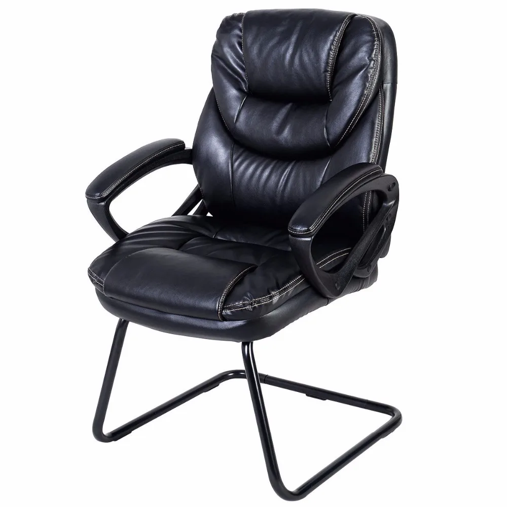 Goplus Black Mid Back Computer Chair Black Pu Leather Sled Base Guest Visitor Chair Office Desk Side Gaming Chair HW50416 zuo trafico office chair black