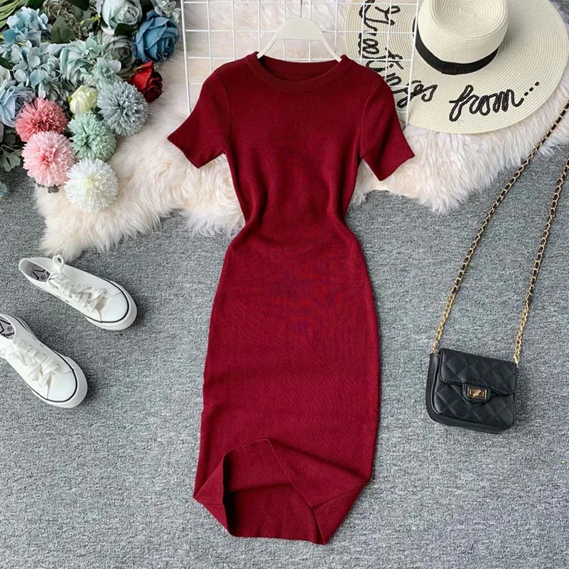 

NiceMix Knitted Solid Women Dress Summer 2019 New O-Neck Short Sleeve Vestidos Fashion Stretch Waist Bodycon Dresses