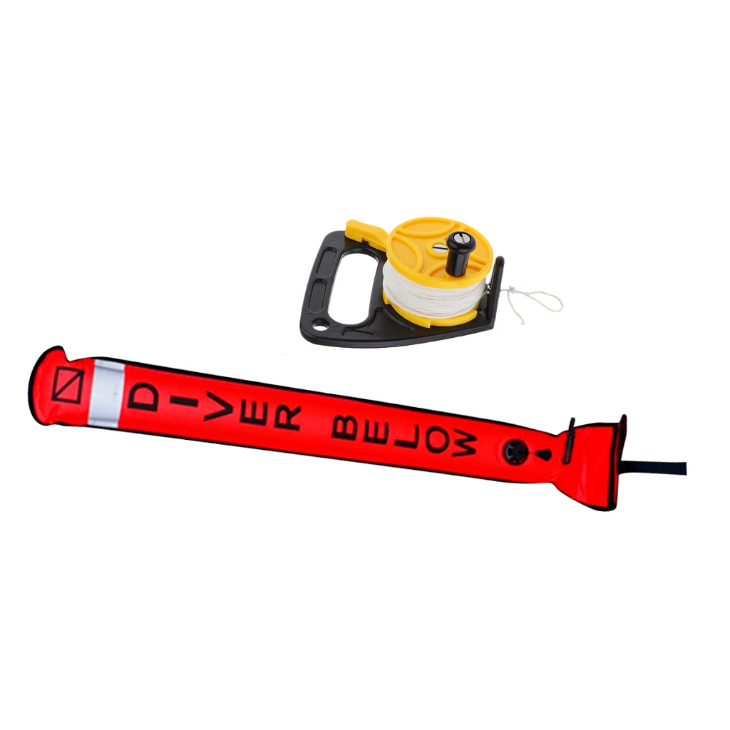 Scuba Diving Reflective SMB Surface Marker Buoy Safety Sausage Signal Tube + Dive Wreck Reel 46m Line, Thumb Stopper