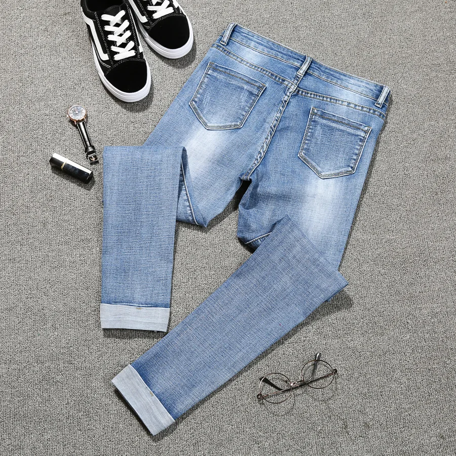Женские джинсы с манжетами размера плюс 5XL, повседневные штаны с высокой талией и буквенным принтом, Синие Серые джинсовые штаны для женщин