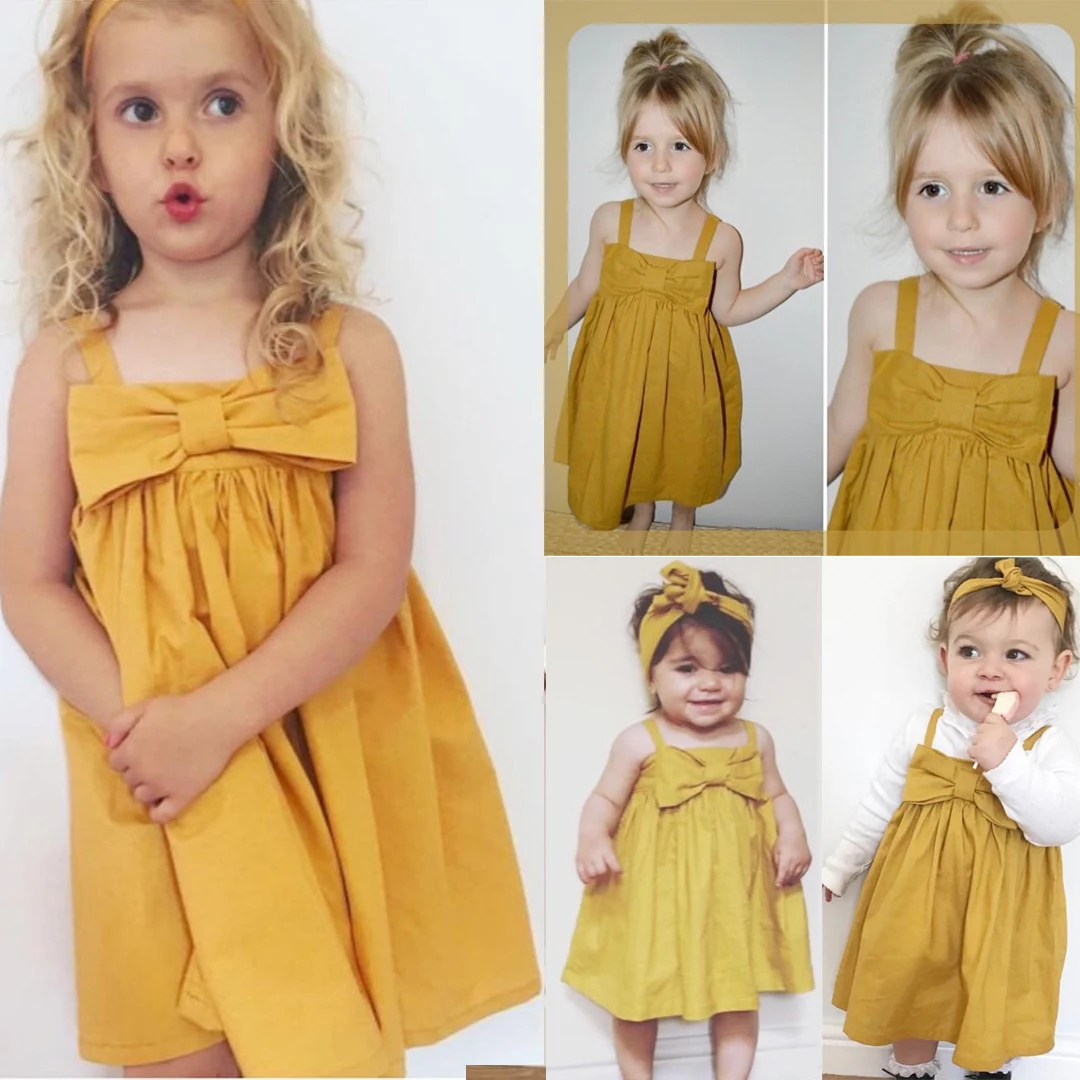 Милый Летний Сарафан для маленьких девочек короткое мини-платье-майка с бантом повседневные хлопковые платья для маленьких детей, костюм без рукавов красного и желтого цвета - Цвет: Цвет: желтый
