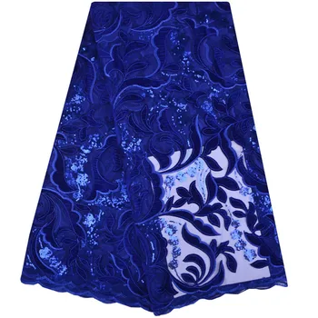 

2018 High Quality African Lace Fabric Royal Blue French Net Embroidery Sequins Tulle Lace Fabric For Nigerian party Dress S1176