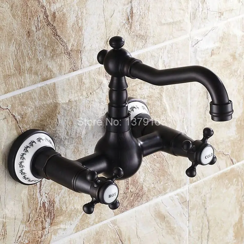 Black Oil Rubbed Bronze Wall Mounted Dual Cross Handles Swivel Kitchen Bathroom Sink Basin Faucet Mixer Tap aan013