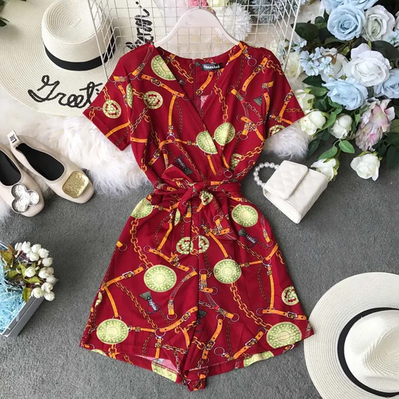 Chic Romper Women Casual Jumpsuit Printed Rompers Summer V-Neck Overalls For Women Combinaison Femme Chic Romper Women Casual Jumpsuit Printed Rompers Summer V-Neck Overalls For Women Combinaison Femme
