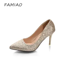 

FAMIAO Sexy Thin Heels High Wedding Shoes women pumps bling 2017 Women Pumps Summer Fashion Women Shoes Valentine High Heels