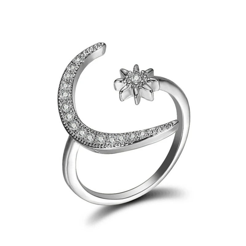 Трендовое женское кольцо полумесяц и крошечная звезда подарок для женщин и девушек милые регулируемые кольца - Цвет основного камня: Серебристый